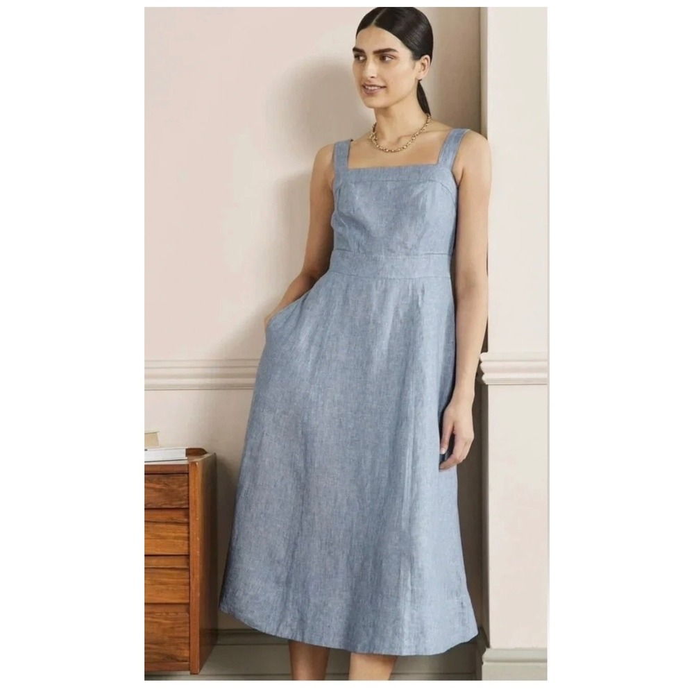 Boden Blue Linen Midi‎ Dress Square Neck Chambray  12P NEW Virginie